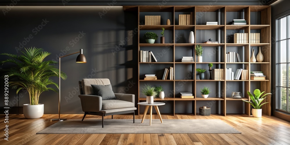 Modern minimalist living room with sleek armchair, polished wooden floor, and open bookshelf against a dramatic black wall, providing ample copy space for text overlay. Modern minimalist living room with sleek armchair, polished wooden floor, and open bookshelf against a dramatic black wall, providing ample copy space for text overlay.