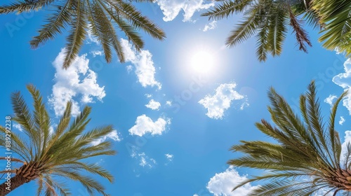 Beautiful palm trees on a tropical background with blue skies.