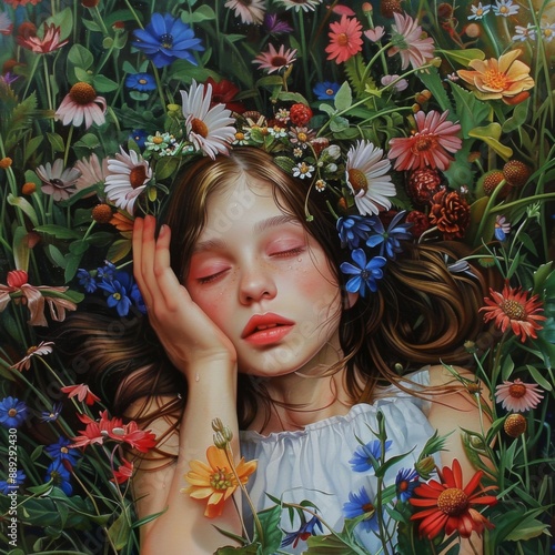 sad girl among flowers.