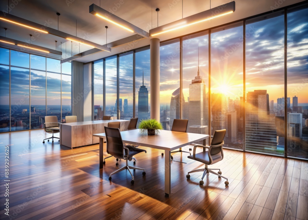 Blurred contemporary office setting with sleek furniture, abstract cityscape outside floor-to-ceiling windows, and warm lighting illuminating the empty, minimalist workspace atmosphere. Blurred contemporary office setting with sleek furniture, abstract cityscape outside floor-to-ceiling windows, and warm lighting illuminating the empty, minimalist workspace atmosphere.