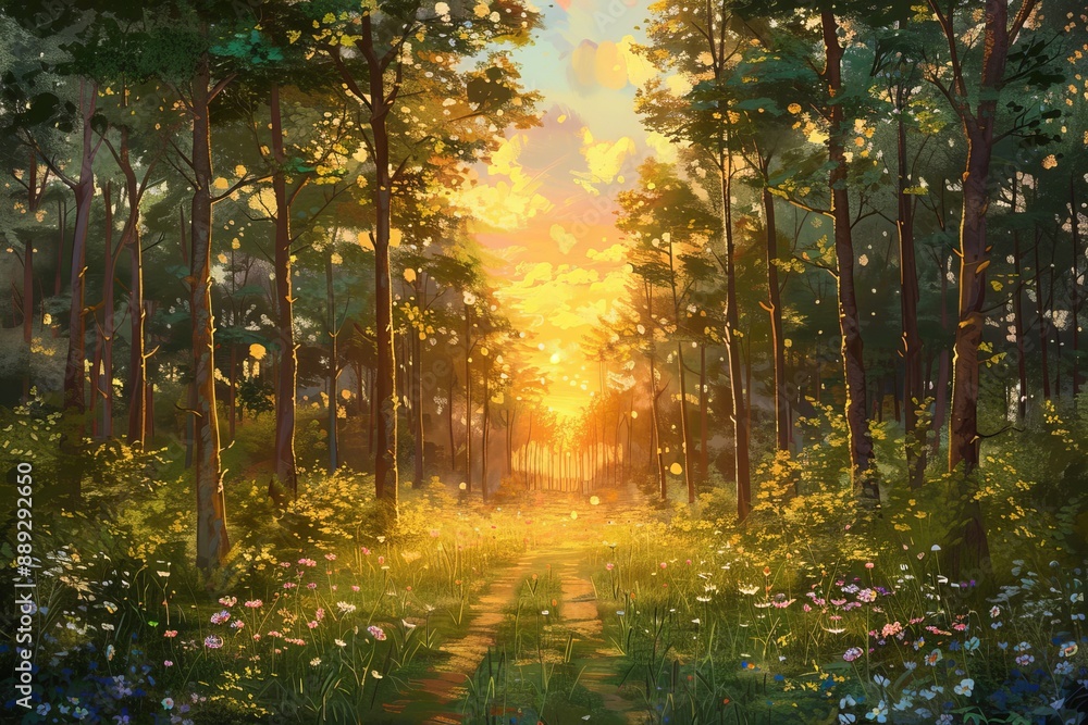 Obraz premium Fantasy Epic Magic Forest Landscape. Summer nature with beautiful green foliage. Gaming assets. Celtic medieval RPG background. Grass and trees. Green foliage. Idyllic meadow with grass.