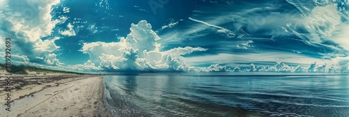 Panorama of clean sandy beach and cloudy sunny sky, natural landscape scenery, tropical sandy beach on a sunny day, Hawaiian decent beach on a sunny day