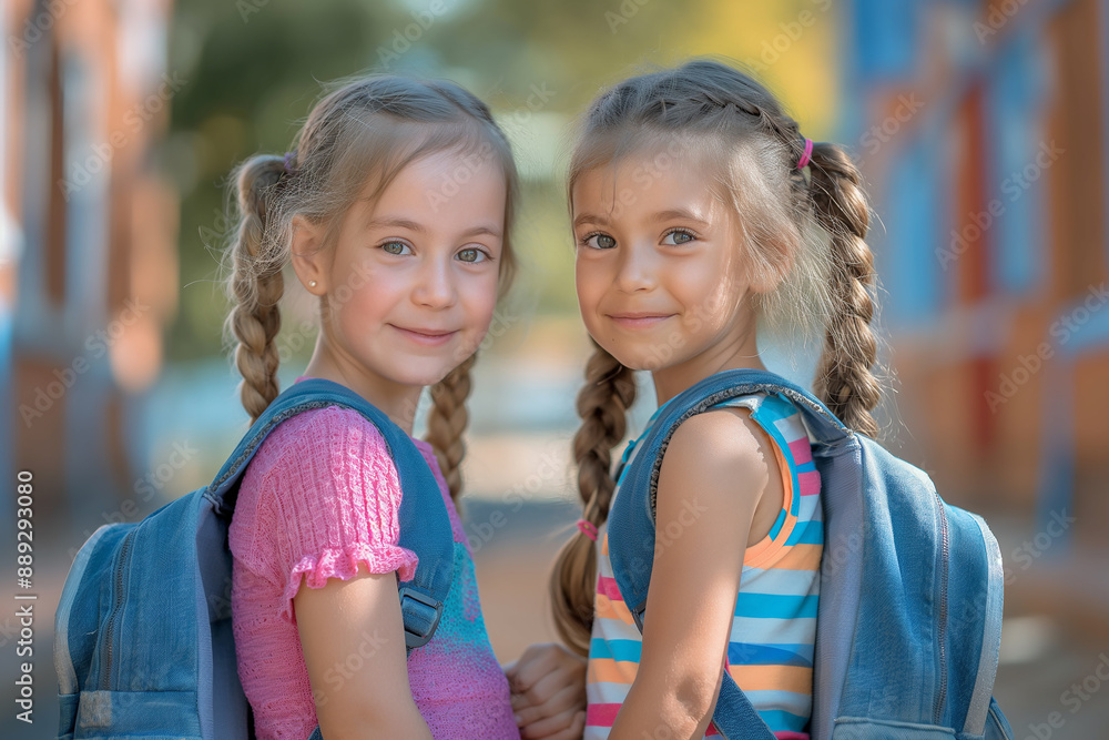 Two young girls with braided hair and blue backpacks are smiling for the camera Two young girls with braided hair and blue backpacks are smiling for the camera