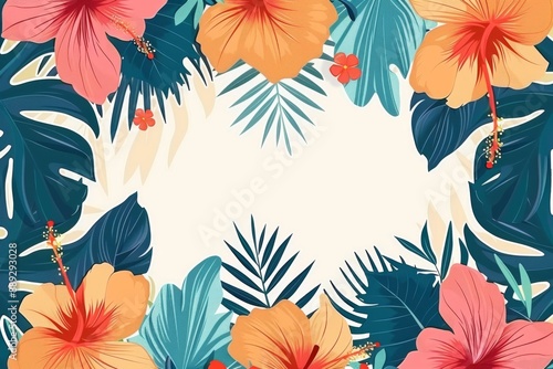 Modern illustration of tropical floral border on white background with leaves and flowers