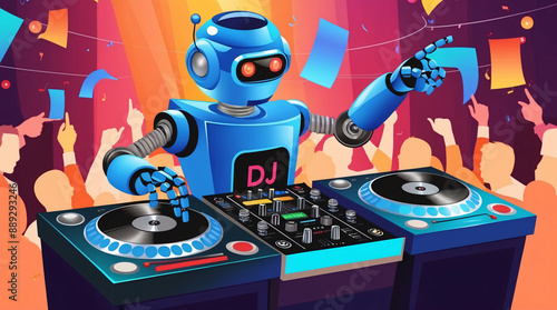 Robot DJ disc jockey playing techno music on turntables for people in a night dance music club