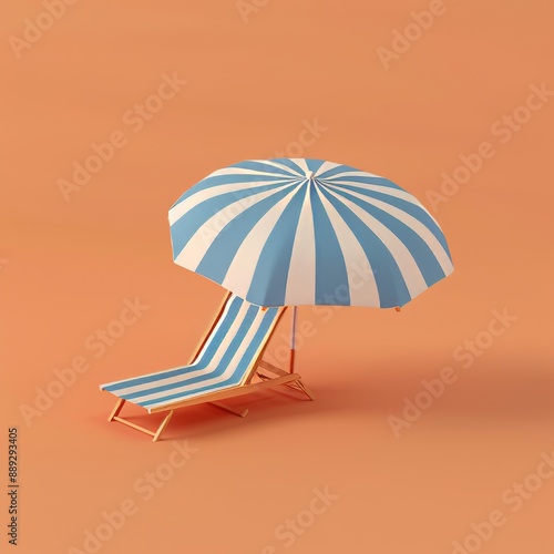 An umbrella and chairs on an orange background symbolize a beach vacation. 3d rendering of the concept.