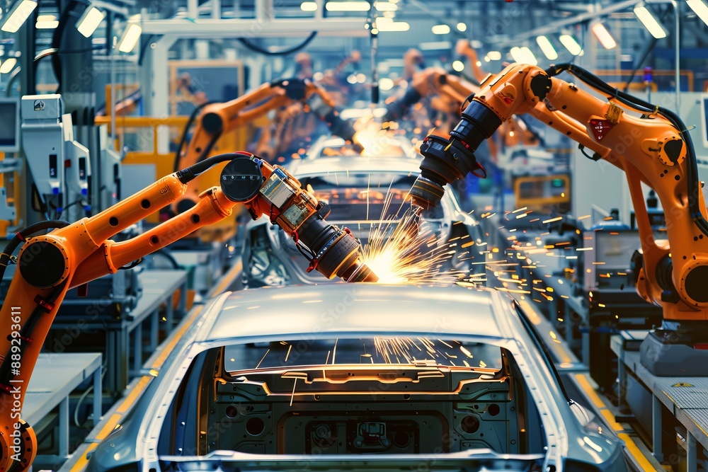 A car assembly line in automotive factory. Fully automated system used for the assembly operation. A car assembly line in automotive factory. Fully automated system used for the assembly operation.