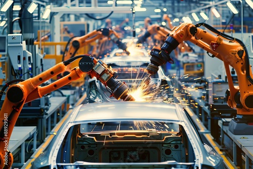 A car assembly line in automotive factory. Fully automated system used for the assembly operation.