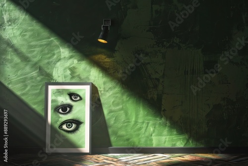 A single frame mockup with eerie eye decals on a vibrant green wall, the spotlight creating an unsettling effect. photo