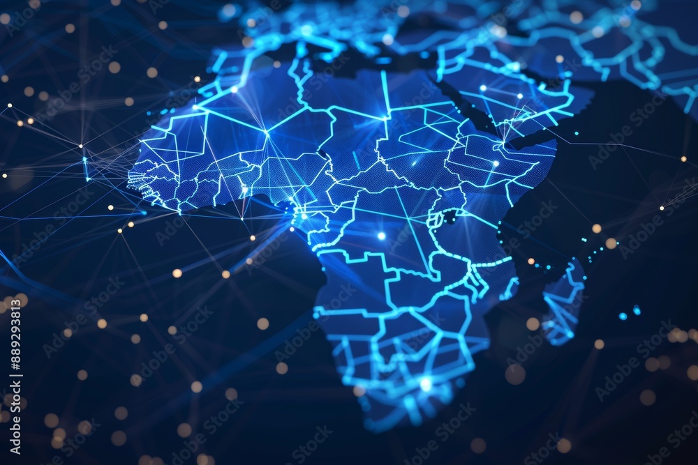Glowing Blue Digital Map Of Africa With Glowing Dots And Lines Glowing Blue Digital Map Of Africa With Glowing Dots And Lines