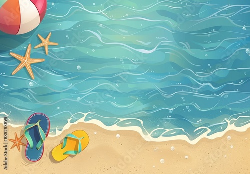 Tropical summer setting illustration for cover, promotion, or sale. Blue sea background design with ocean, sea, pool, swim rings, beach balls, and palm leaves. Modern summer design.