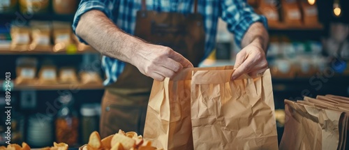 A person in an apron packs items into brown paper bags at a store. Various products are displayed in the background, suggesting a grocery or retail shop.