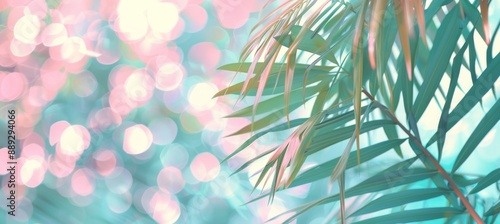 Tropical tropical background with colorful palm leaves and bokeh effect. Trendy botanical wallpaper with soft colors. Festive mood. Summer vibes. Wide banner. Copy space. Mockup for design.