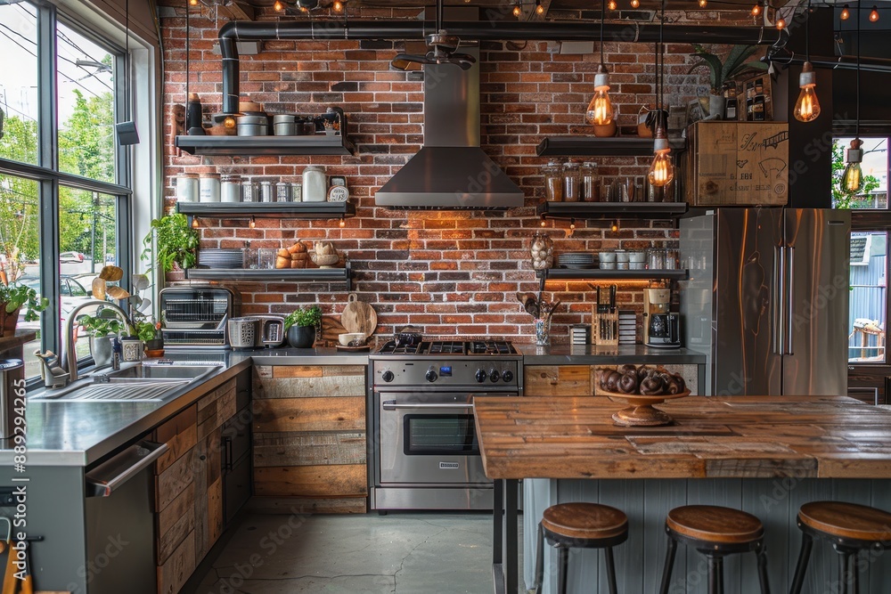 Industrial Kitchen A kitchen with exposed brick walls, stainless steel appliances, and metal shelving. Include a wooden island and industrial light fixtures Industrial Kitchen A kitchen with exposed brick walls, stainless steel appliances, and metal shelving. Include a wooden island and industrial light fixtures