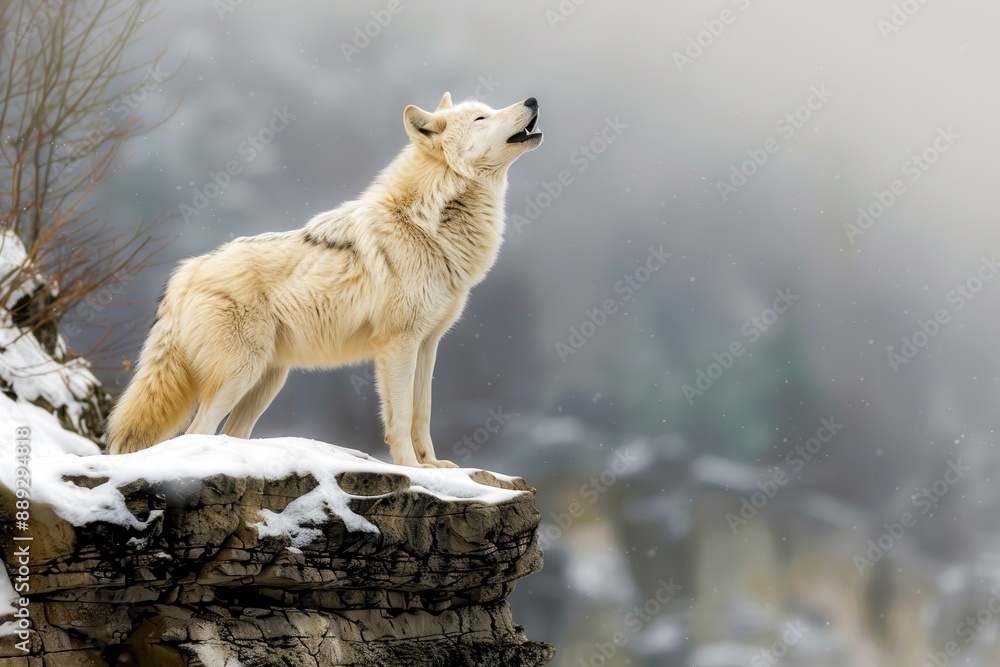 white wolf, alpha male, howling on top of a cliff, in an artic landscape white wolf, alpha male, howling on top of a cliff, in an artic landscape