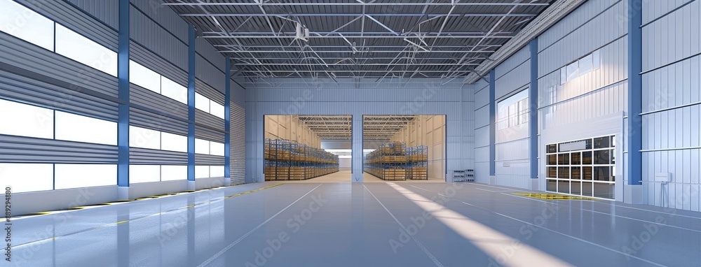 Spacious Modern Warehouse with Empty Shelves Spacious Modern Warehouse with Empty Shelves