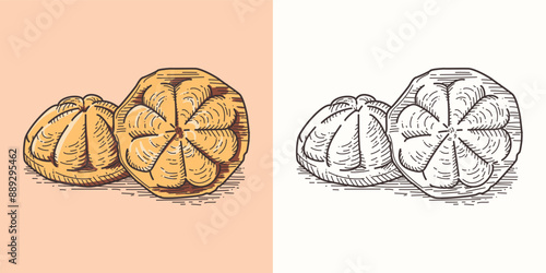 Vintage and Old school style of  South East traditional dessert "Kuih Bahulu", Vintage Color and Outline Illustrator