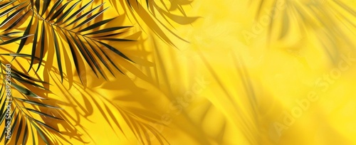 Summer background with copy space. Bright yellow 3D illustration of tropical palm leaves.