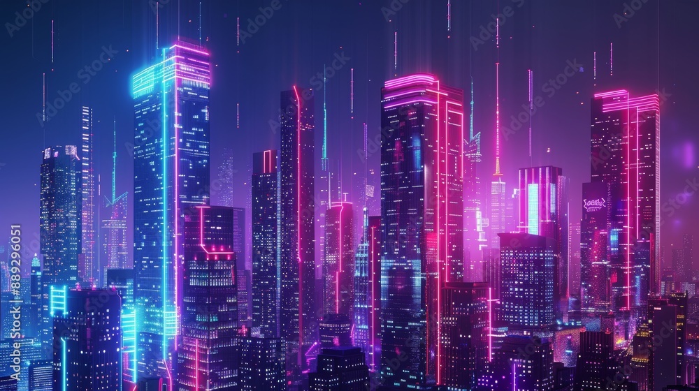 Obraz premium Futuristic cityscape with glowing neon lights and skyscrapers at night