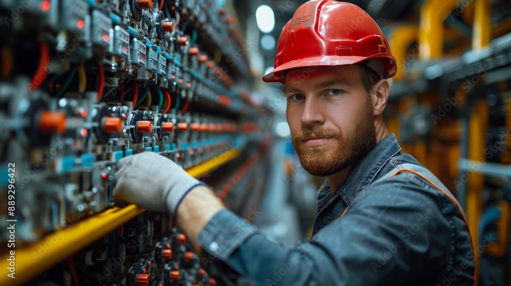 The electrician carefully works with a complex electrical panel filled with switches and indicators, reflecting industry professionalism and technical expertise The electrician carefully works with a complex electrical panel filled with switches and indicators, reflecting industry professionalism and technical expertise