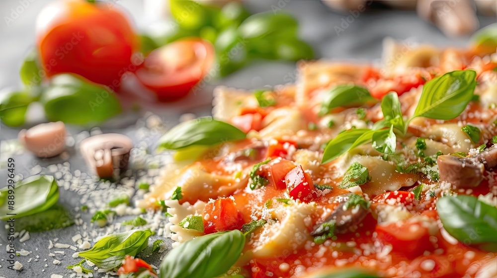 Close-up of a delicious homemade pizza topped with fresh basil, melted cheese, and ripe tomatoes, perfect for food and culinary themes. Close-up of a delicious homemade pizza topped with fresh basil, melted cheese, and ripe tomatoes, perfect for food and culinary themes.