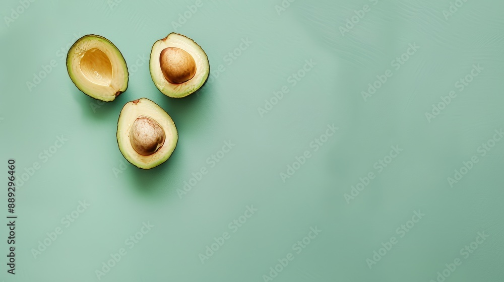 Fototapeta premium Fresh avocado slices on a green background with copy space.