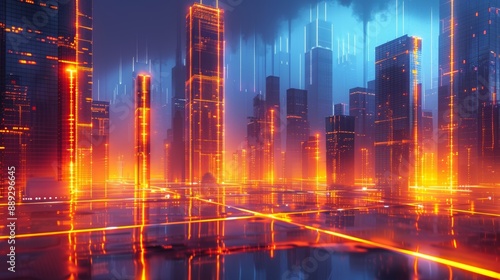 Wallpaper Mural Futuristic cityscape with glowing red neon lights and skyscrapers reflecting on wet pavement Torontodigital.ca