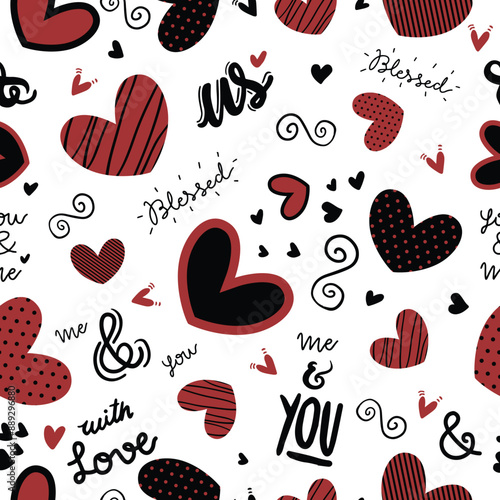 Cute doodle style hearts seamless vector pattern.  Handwritten background. Marker drawn different heart shapes and silhouettes. Hand drawn ornament. 