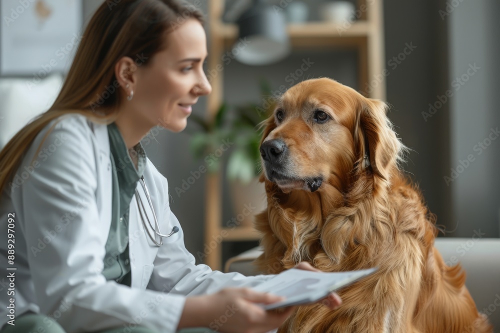A veterinarian, in a white coat, sits with a golden retriever and reviews medical records A veterinarian, in a white coat, sits with a golden retriever and reviews medical records