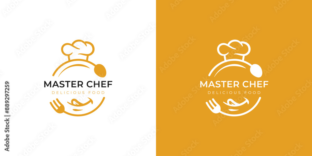 delicious food logo design with fork and spoon graphic for master chef restaurant, catering logo template delicious food logo design with fork and spoon graphic for master chef restaurant, catering logo template