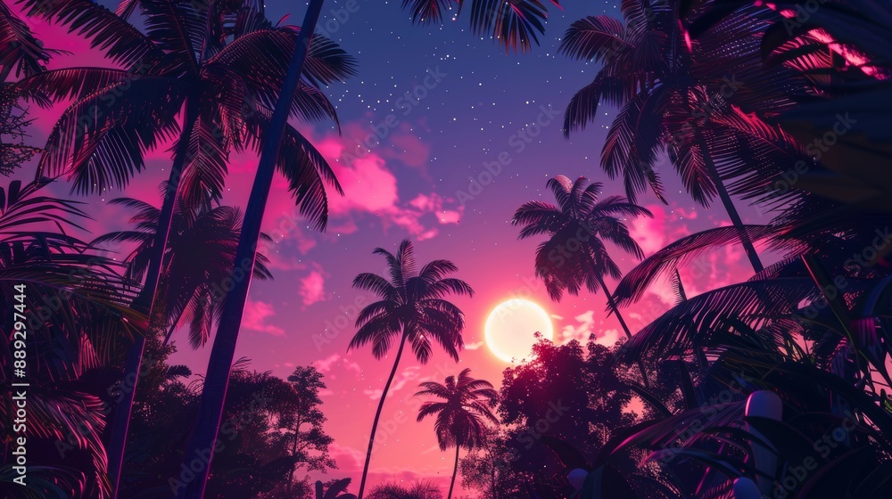 Digital illustration of a tropical background with palm trees and the sun at sunset or dawn in retrostyle neon Digital illustration of a tropical background with palm trees and the sun at sunset or dawn in retrostyle neon