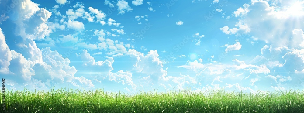 With plenty of space for copy, a green grass field under a bright blue summer sky is the perfect backdrop for a banner design With plenty of space for copy, a green grass field under a bright blue summer sky is the perfect backdrop for a banner design