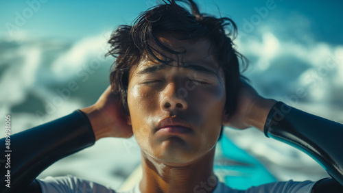 Asian male surfer struggling with head in hands, copy space photo