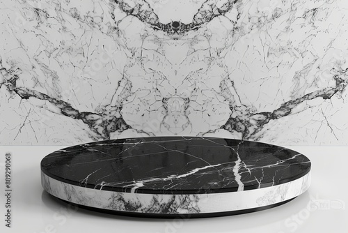 A circular marble platform, black and white, placed against a backdrop of matching marble, ideal for presenting products with a classic and sophisticated appearance