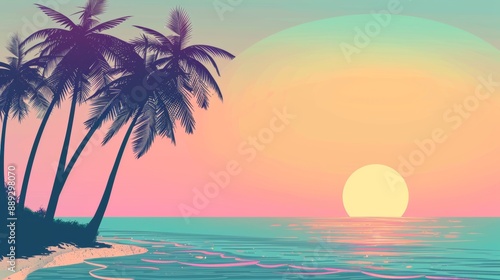 Illustration of a sunset on a summer beach in the background