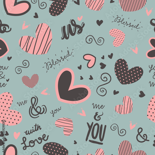 Cute doodle style hearts seamless vector pattern.  Handwritten background. Marker drawn different heart shapes and silhouettes. Hand drawn ornament. 