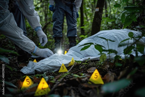 Forensic investigators examine a covered body, marking evidence with yellow cones in a dense forest, highlighting a serious criminal investigation scene in nature.