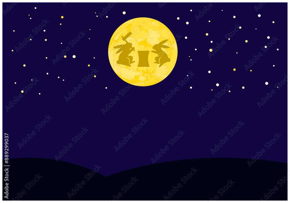 Fototapeta premium 秋の十五夜お月見フレーム背景7紺色