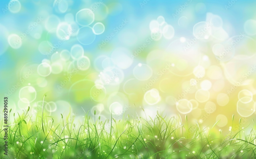 Obraz premium A light green and blue spring background with a sun shine and blurry lines