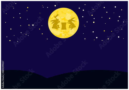 秋の十五夜お月見フレーム背景7紺色