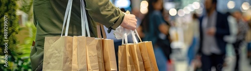 Person holding multiple shopping bags in a busy mall with blurred background, capturing the essence of retail shopping and consumerism.