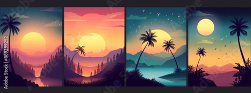 An exciting collection of colorful summer banners, tropical backgrounds, palm trees, blue seas, clouds and blue skies. Perfect for party invitations, cards, postcards, flyers, posters and party