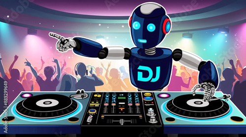 Robot DJ disc jockey playing techno music on turntables for people in a night dance music club