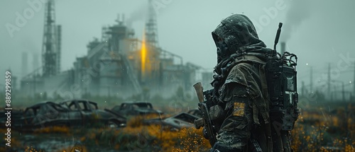 Stalker on the background of the nuclear plant