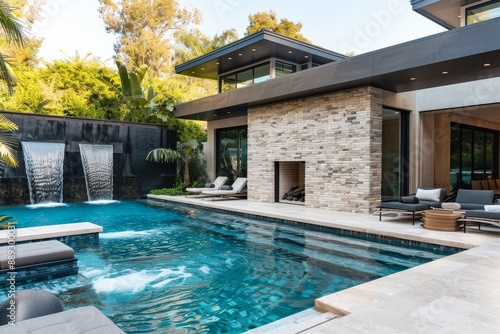 Small outdoor pool with water walls and seating area, modern style home in Beverly Hills, luxurious and contemporary design.
