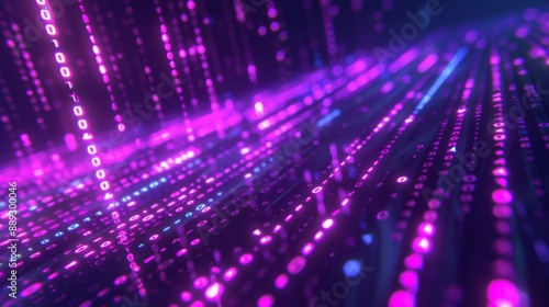 Abstract digital background with purple and blue glowing binary code.