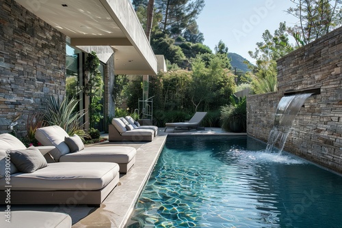 Small outdoor pool with water walls and seating area, modern style home in Beverly Hills, luxurious and contemporary design.