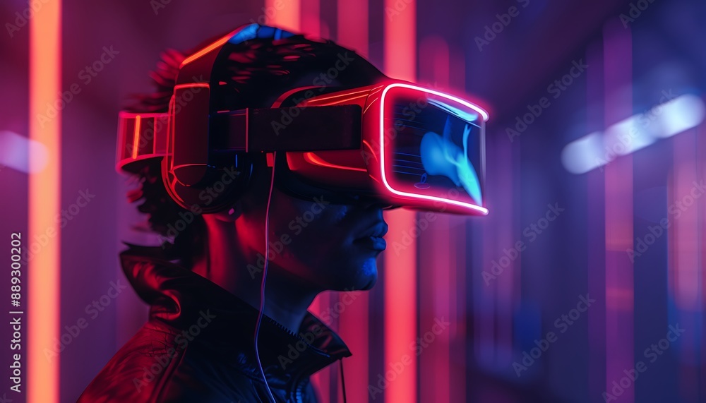 Man Immersed in Virtual Reality with Neon Lights Man Immersed in Virtual Reality with Neon Lights
