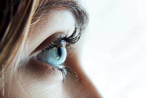 A closeup photo showcases the intricate beauty of a persons eye, highlighting features like long lashes and a blue iris, revealing the detailed nature of the human eye with clarity photo