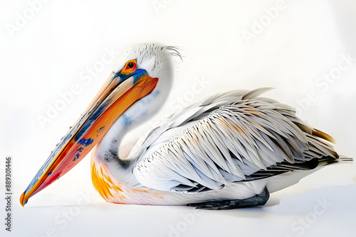 A colorful pelican sits peacefully on a white background, perfect for wildlife or nature-themed designs photo